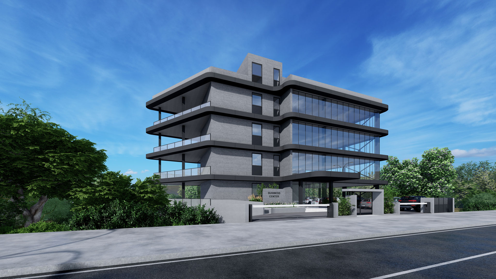 PRIVATE OFFICES by Pavlides Associates LLC - Architects - front photo slightly angled - left side. Commercial and offices projects in Agia Fyla, Limassol