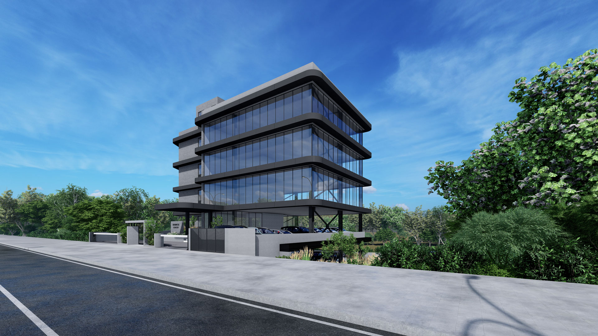 PRIVATE OFFICES by Pavlides Associates LLC - Architects - front photo slightly angled - right side. Commercial and offices projects in Agia Fyla, Limassol