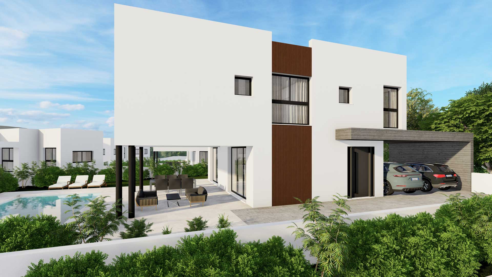 Baseron Villas – Agios Athanasios by Pavlides Associates LLC - Architects - Street View - Front/Parking area of the house. RESIDENTIAL projects.