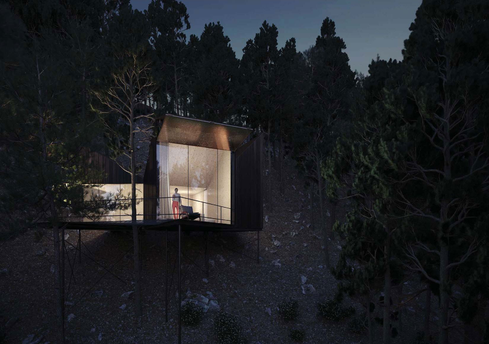 TREE HOTEL CABINS by Pavlides Associates LLC - Architects - room by night. Hospitality projects in Platres.