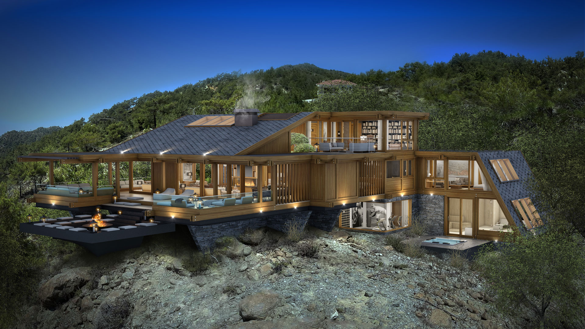 Wooden House in Mountains by Pavlides Associates LLC - Architects - rear aerial view. RESIDENTIAL projects.
