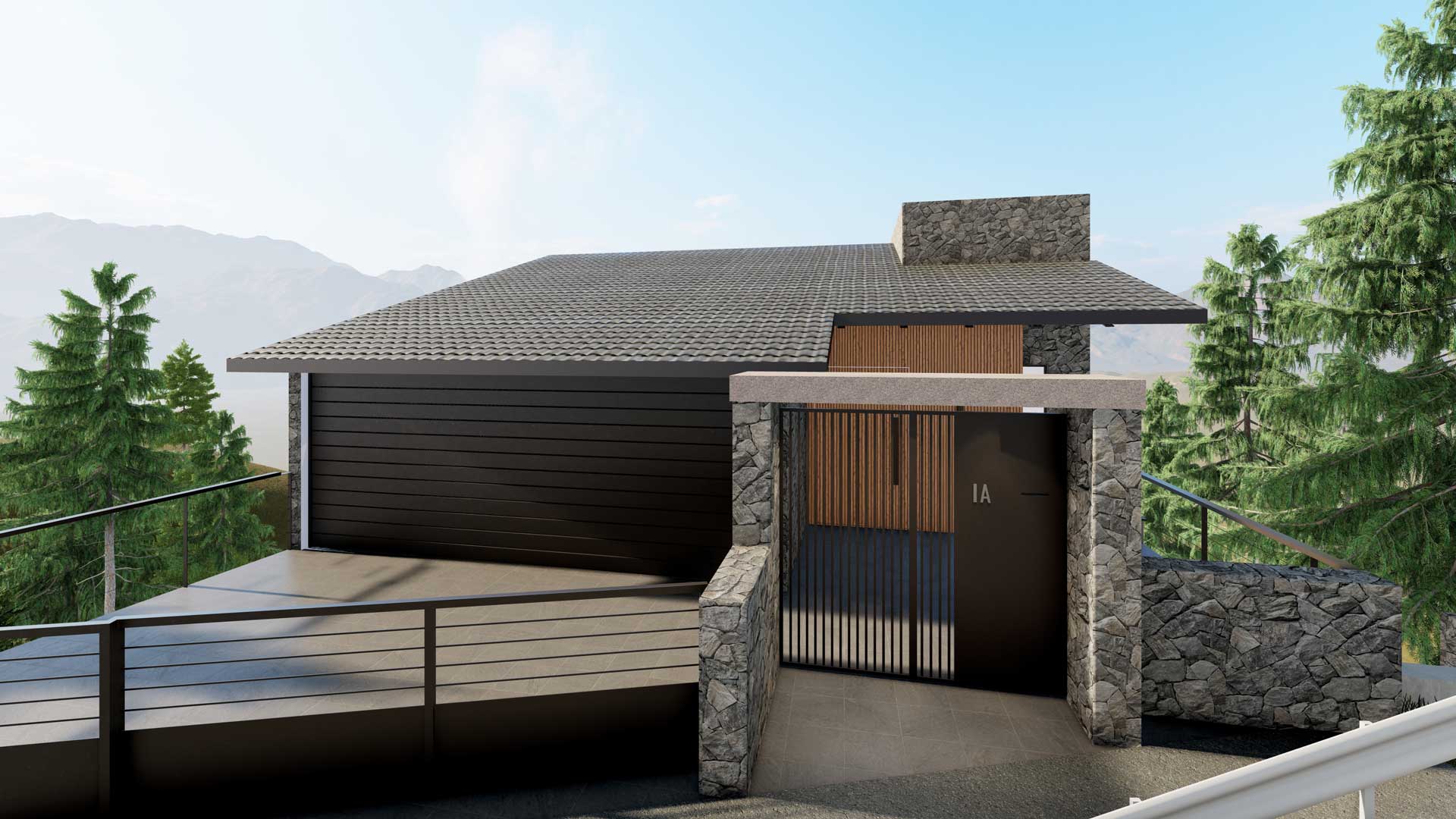Private Residence - Platres by Pavlides Associates LLC - Architects. Aerial front View of the house/street view, main entrance. Residential Projects.