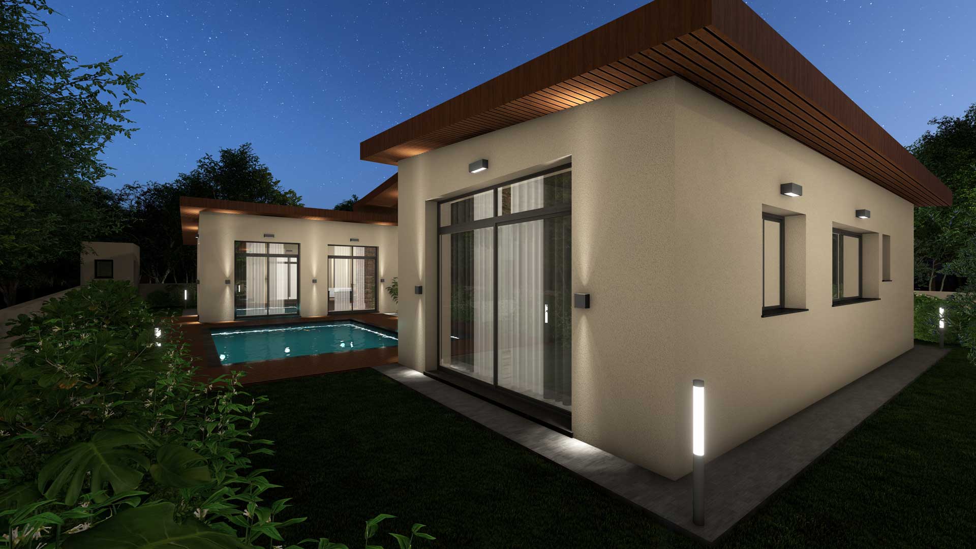 Private Residence - Ypsonas y Pavlides Associates LLC - Architects. Side View of the house by night, pool space.