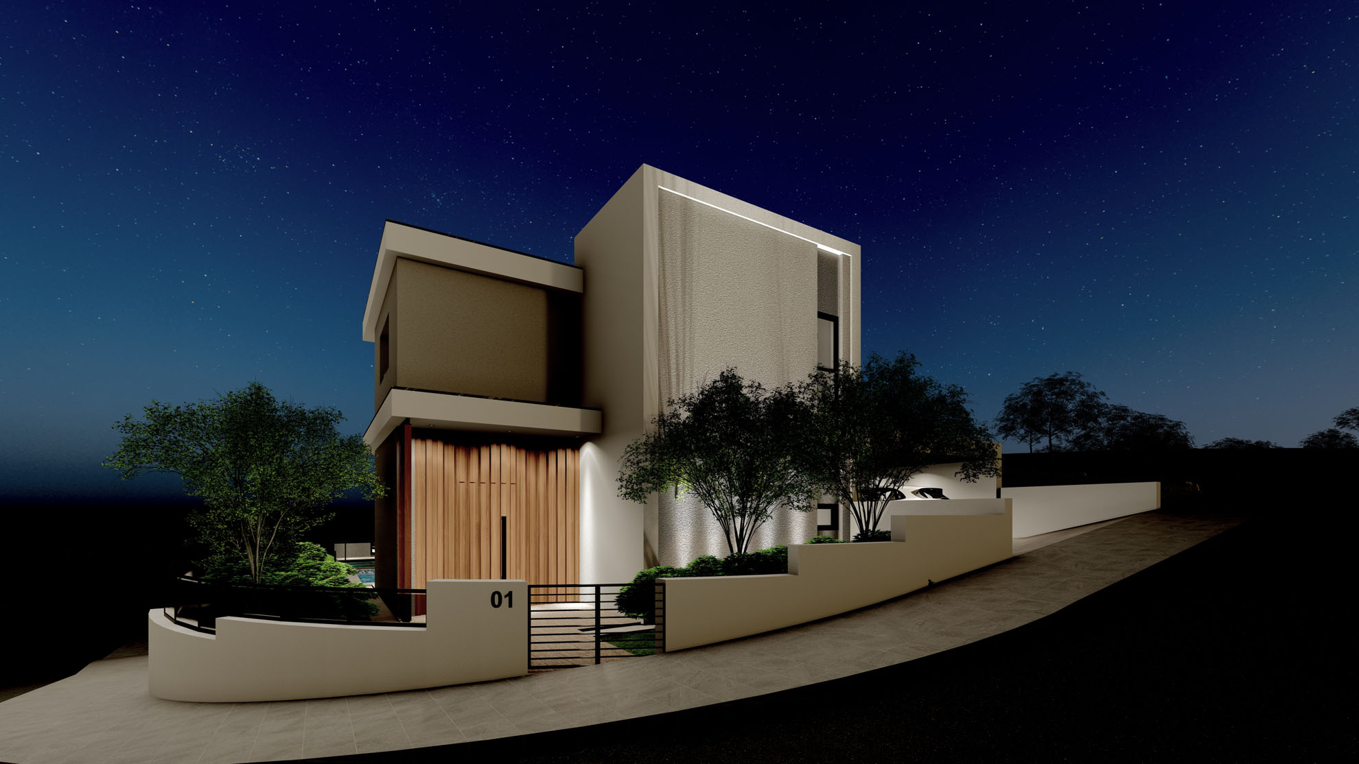 Private Residence in Agios Athanasios by Pavlides Associates LLC - Architects - Front view - Main Entrance by night. RESIDENTIAL projects.