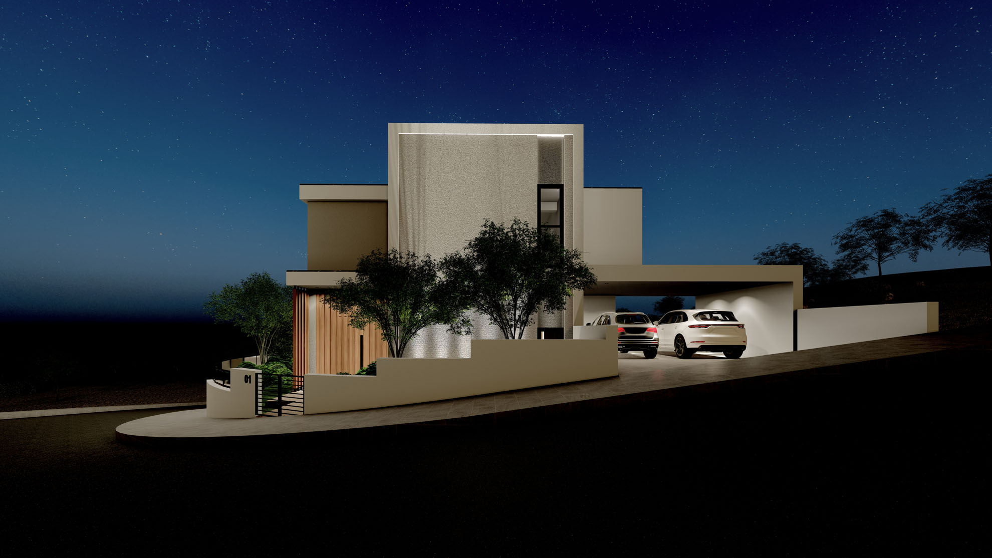 Private Residence in Kantou by Pavlides Associates LLC - Architects - Front street view - Main Entrance by night. RESIDENTIAL projects.