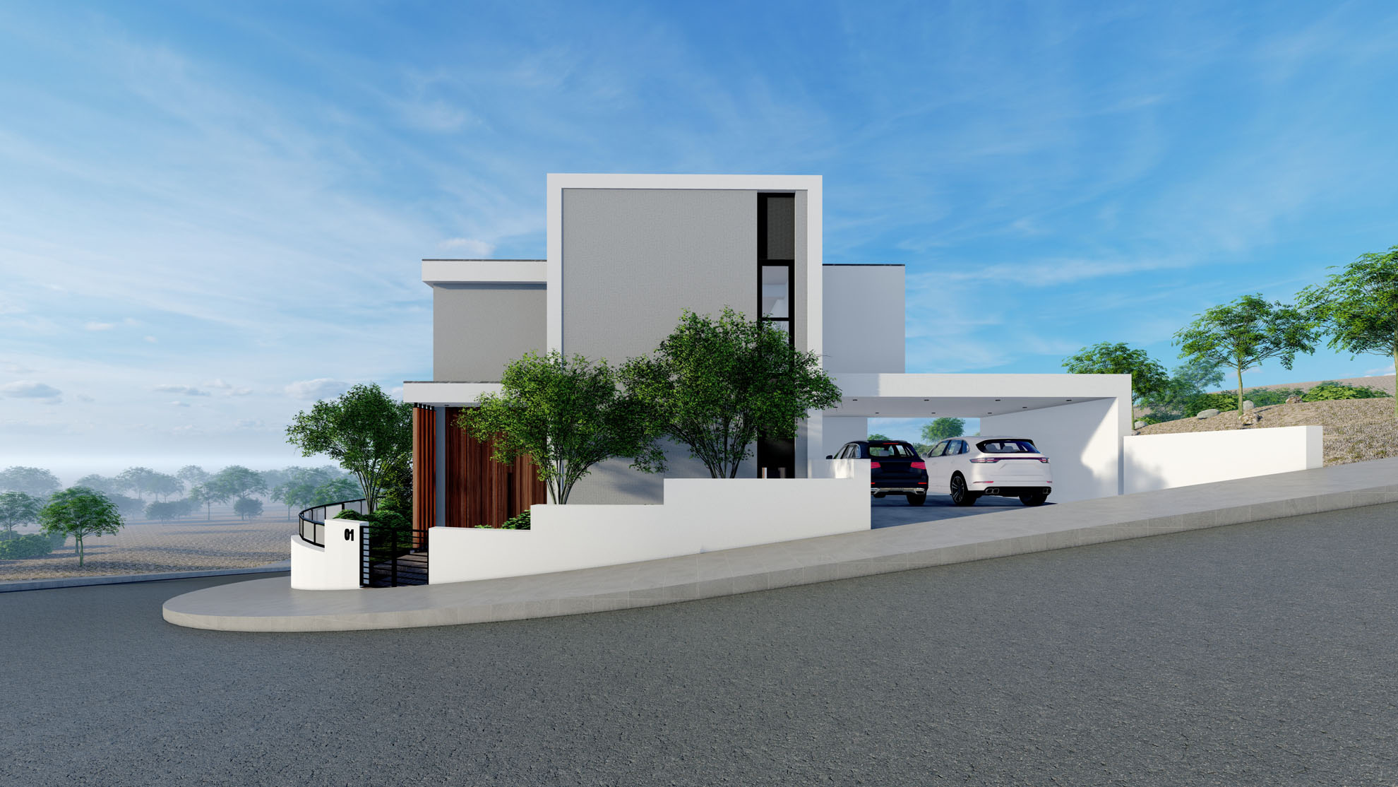 Private Residence in Kantou by Pavlides Associates LLC - Architects - Front street view - Main Entrance. RESIDENTIAL projects.