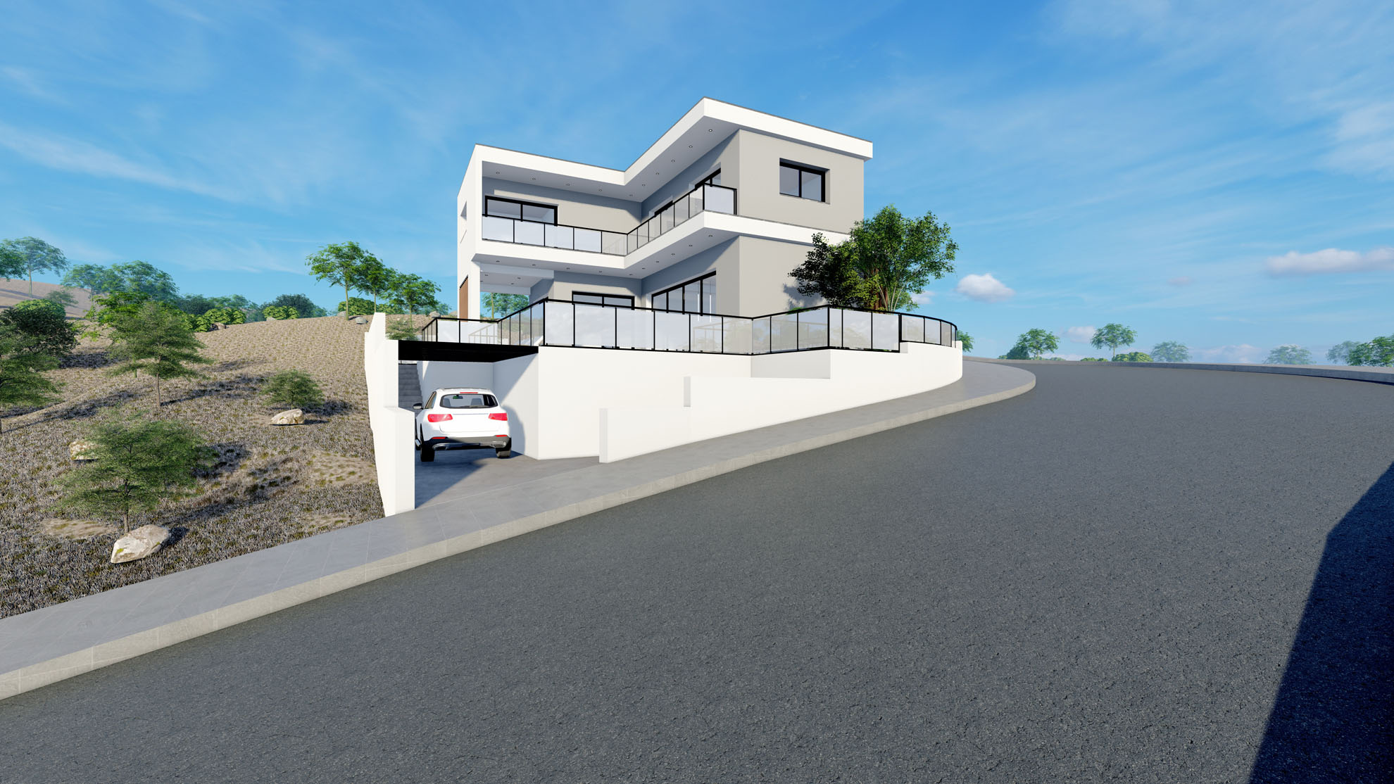 Private Residence in Kantou by Pavlides Associates LLC - Architects - Street view - Parking area. RESIDENTIAL projects.