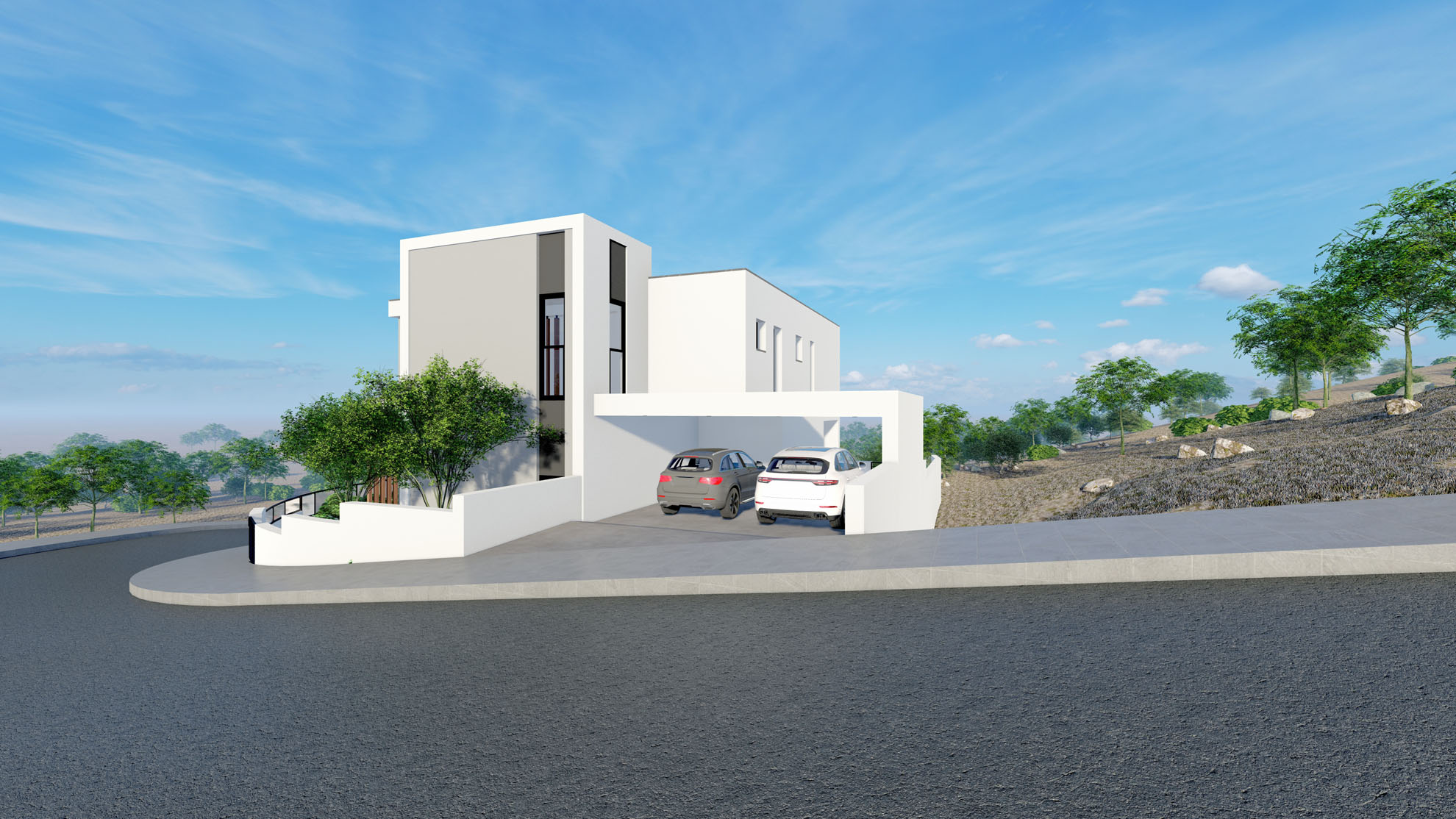 Private Residence in Kantou by Pavlides Associates LLC - Architects - Street view - Parking area. RESIDENTIAL projects.