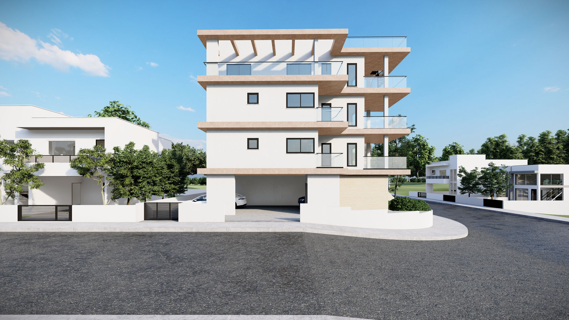 Koumparis Court - Apartments In Agia Fyla by Pavlides Associates LLC - Architects - Side street view. RESIDENTIAL projects.