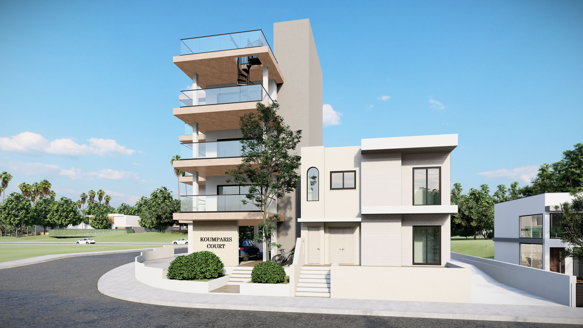 Koumparis Court - Apartments In Agia Fyla by Pavlides Associates LLC - Architects - front street view. RESIDENTIAL projects.