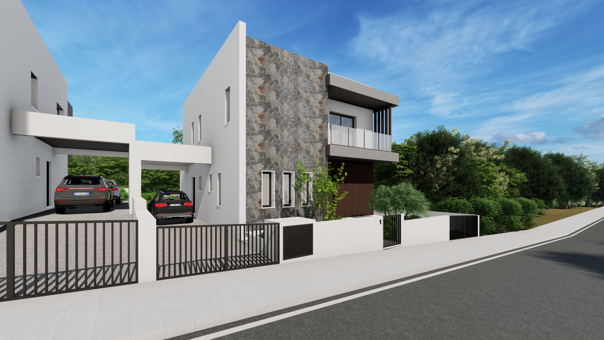 Private Residence in Kolossi by Pavlides Associates LLC - Architects - Street view. RESIDENTIAL projects.