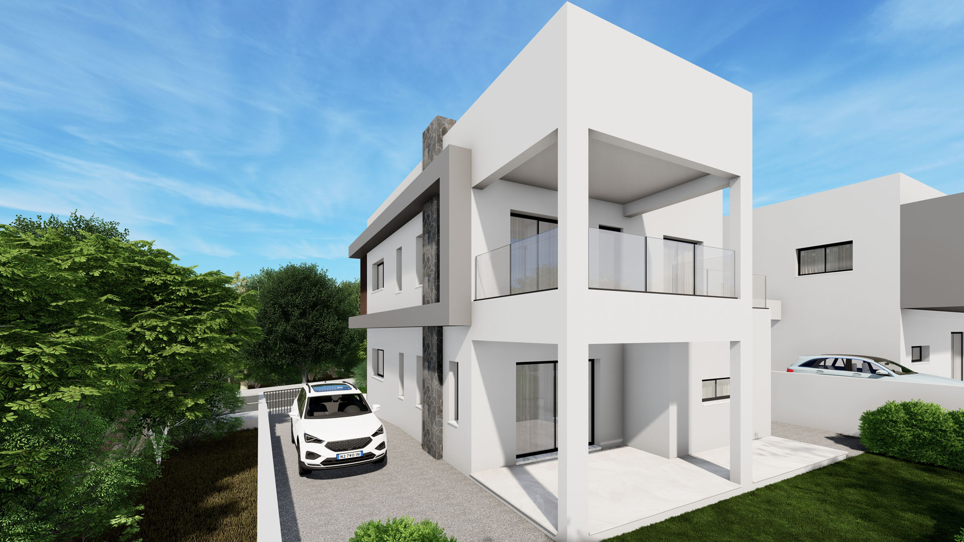 Private Residence in Kolossi by Pavlides Associates LLC - Architects - Rear view - Parking area. RESIDENTIAL projects.