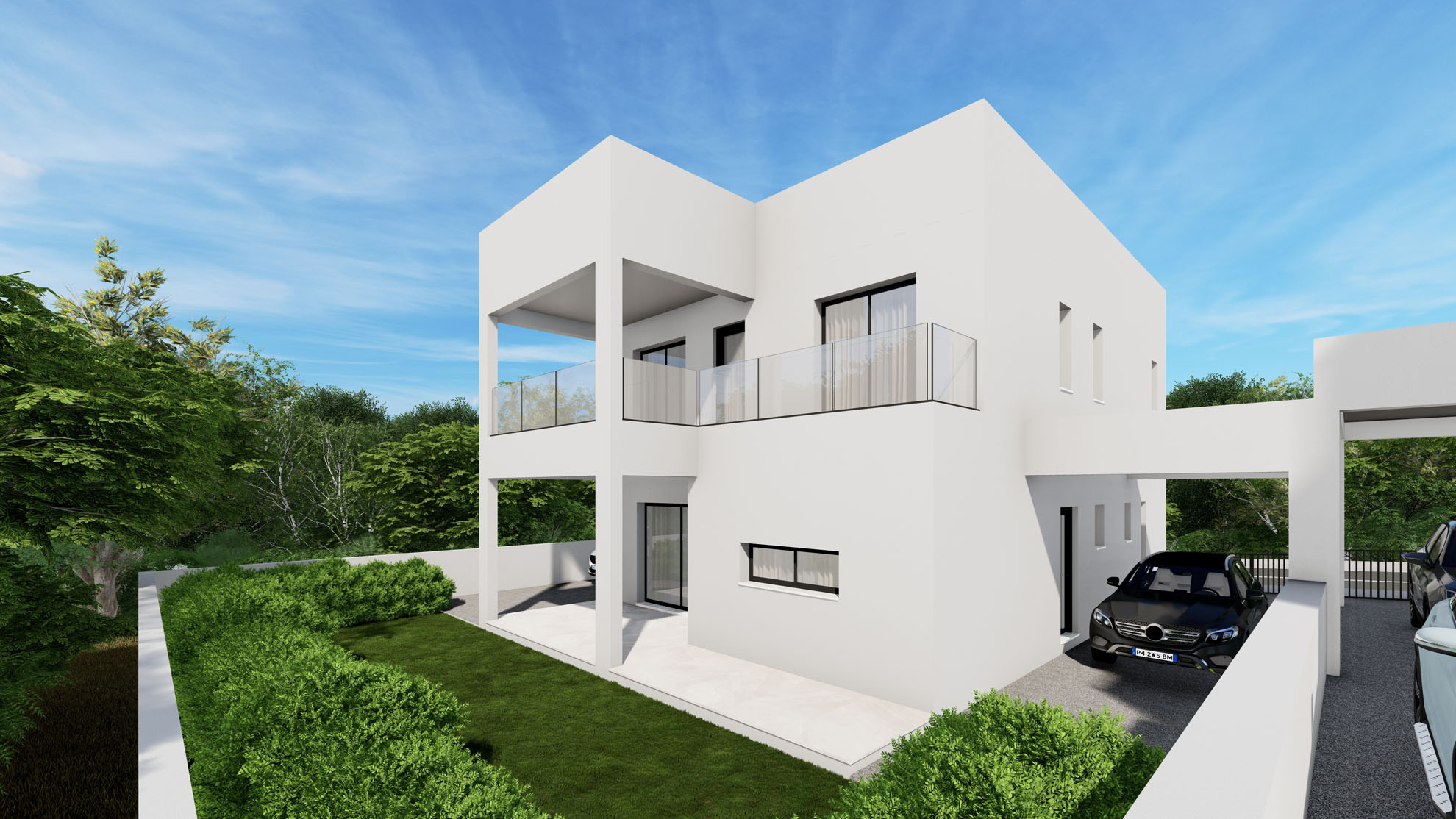 Private Residence in Kolossi by Pavlides Associates LLC - Architects - Rear view - Parking area. RESIDENTIAL projects.