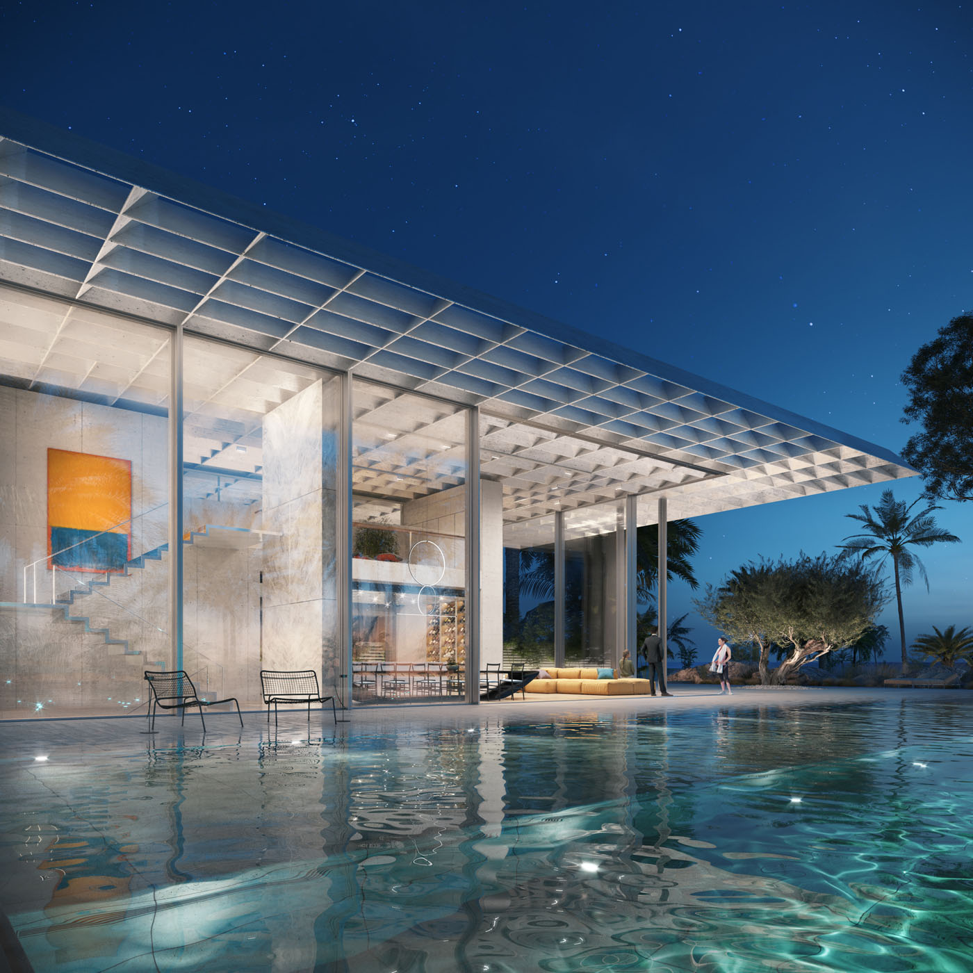 Beach Glass House in Protaras by Pavlides Associates LLC - Architects - Pool Area by night. RESIDENTIAL projects.