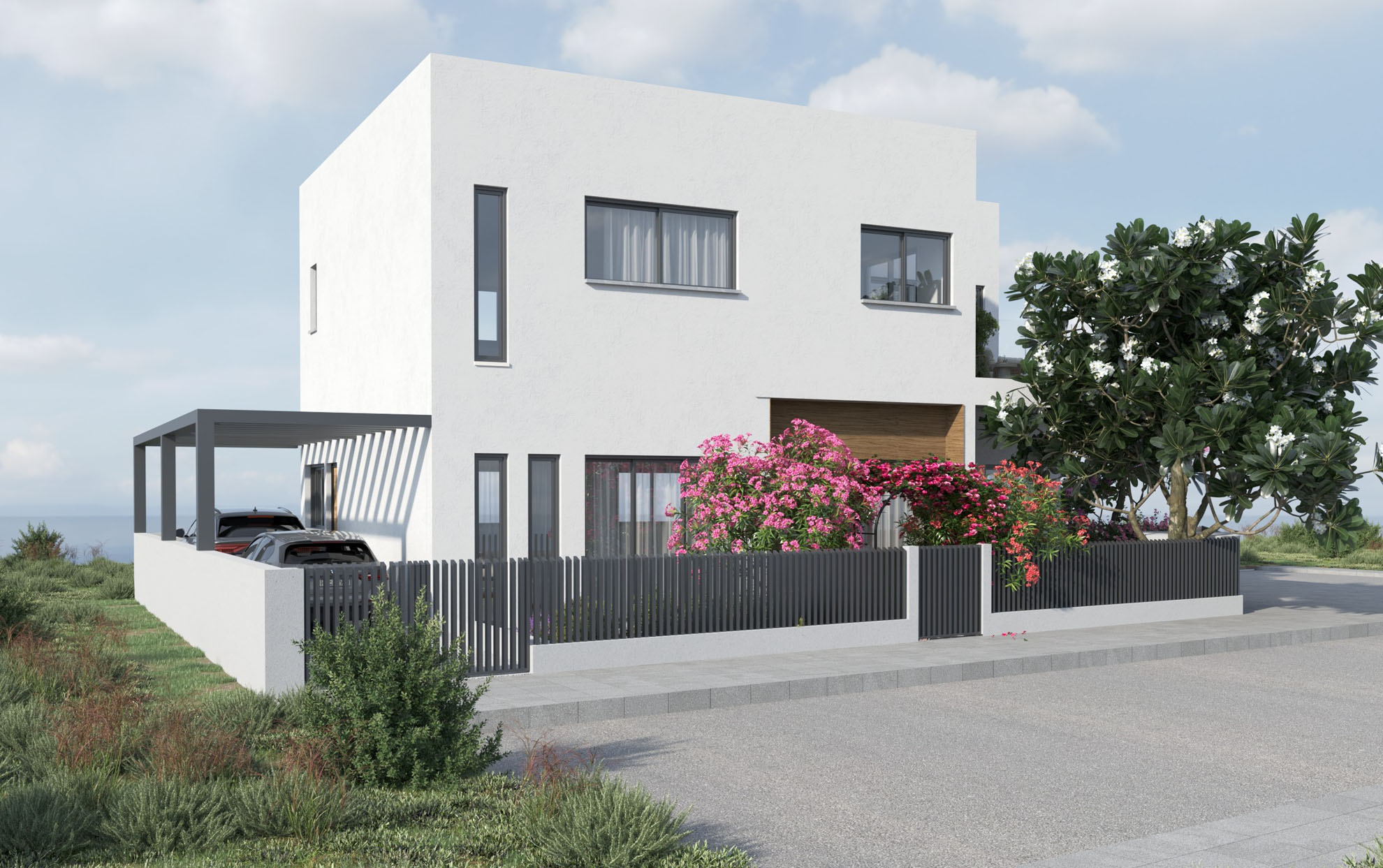 Private Residence in Mesa Geitonia by Pavlides Associates LLC - Architects - Front Street view. RESIDENTIAL projects.